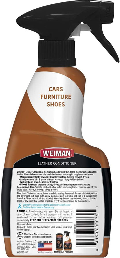 Weiman Leather Cleaner and Conditioner for Furniture - Cleans Conditions and Restores Leather Surfaces - UV Protectants Help Prevent Cracking or Fading of Leather Car Seats, Shoes, Purses