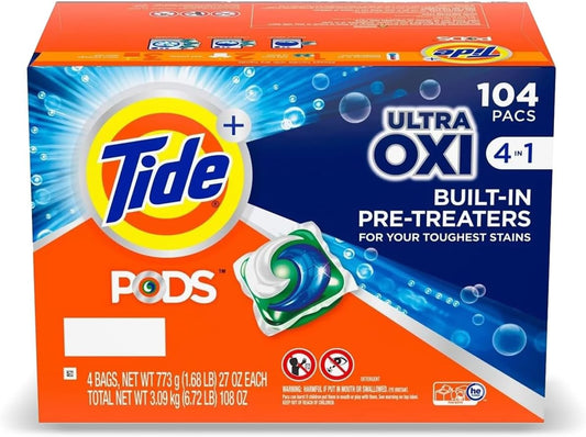 TIDE PODS Liquid Laundry Detergent Pacs, 4-in-1 Ultra Oxi, HE Compatible, Built-in Pre-Treater for Stains, 104 Count, 4 Bags