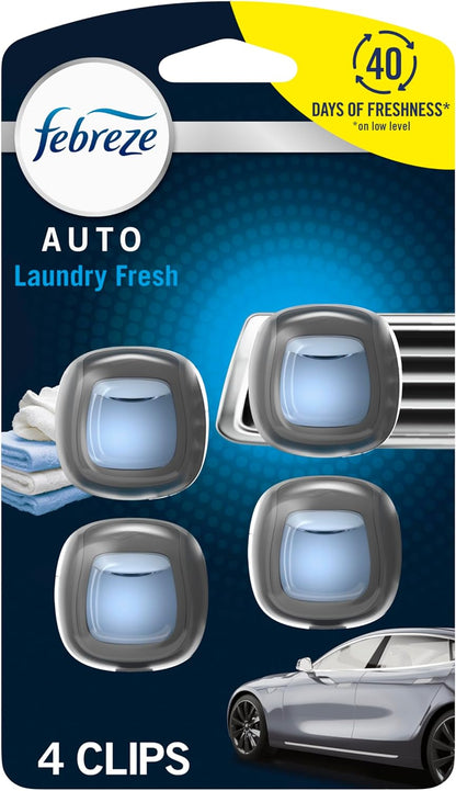 Febreze Car Air Freshener Vent Clip Laundry Fresh Scent, .07 oz. Car Vent Clip, Pack of 4