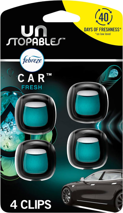 Febreze Unstopables Car Odor-Fighting Car Freshener Vent Clip Fresh Scent, .07 oz. Car Vent Clip, Pack of 4