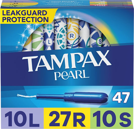 Tampax Pearl Tampons Multipack, Light/Regular/Super Absorbency, With Leakguard Braid, Unscented, 47 Count