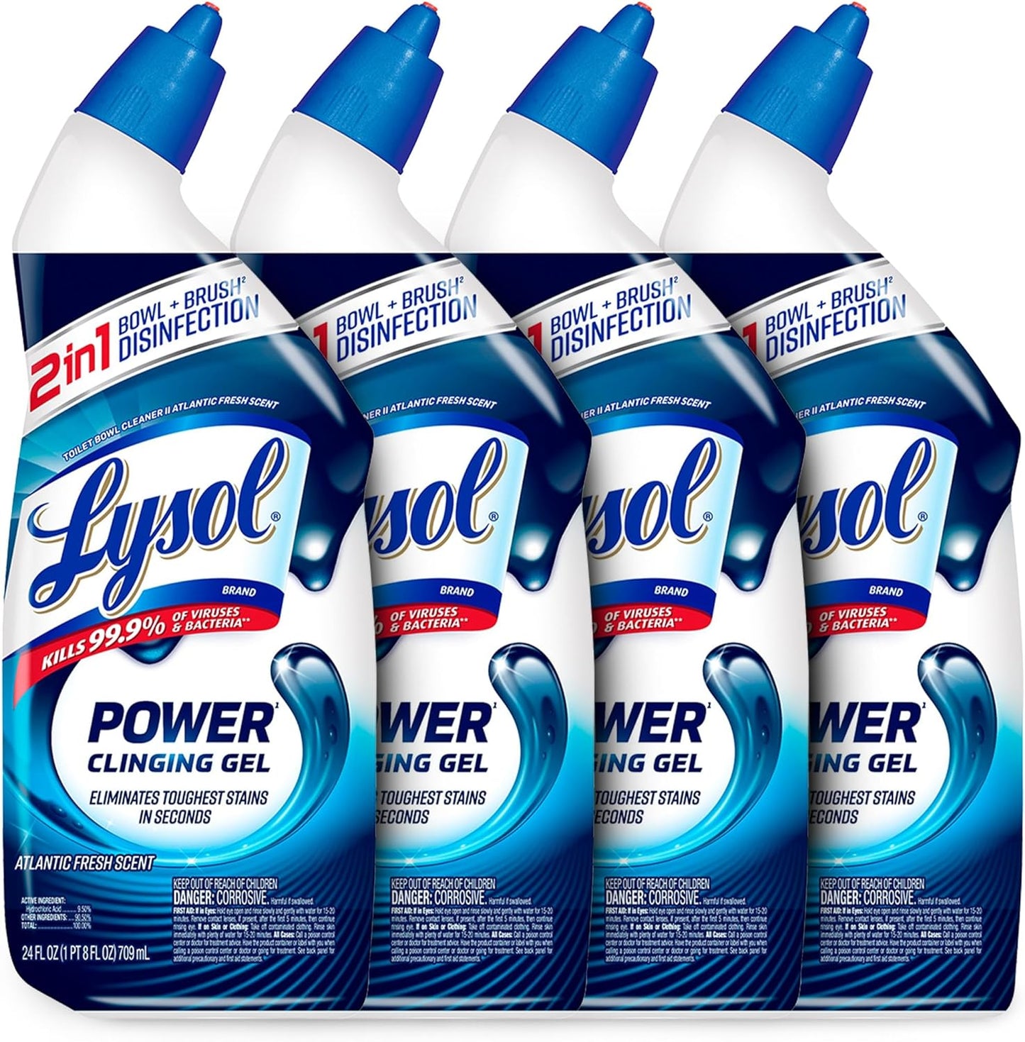 LYSOL Power Toilet Bowl Cleaner Gel, For Cleaning and Disinfecting, Stain Removal, 24 Fl oz (Pack of 4)