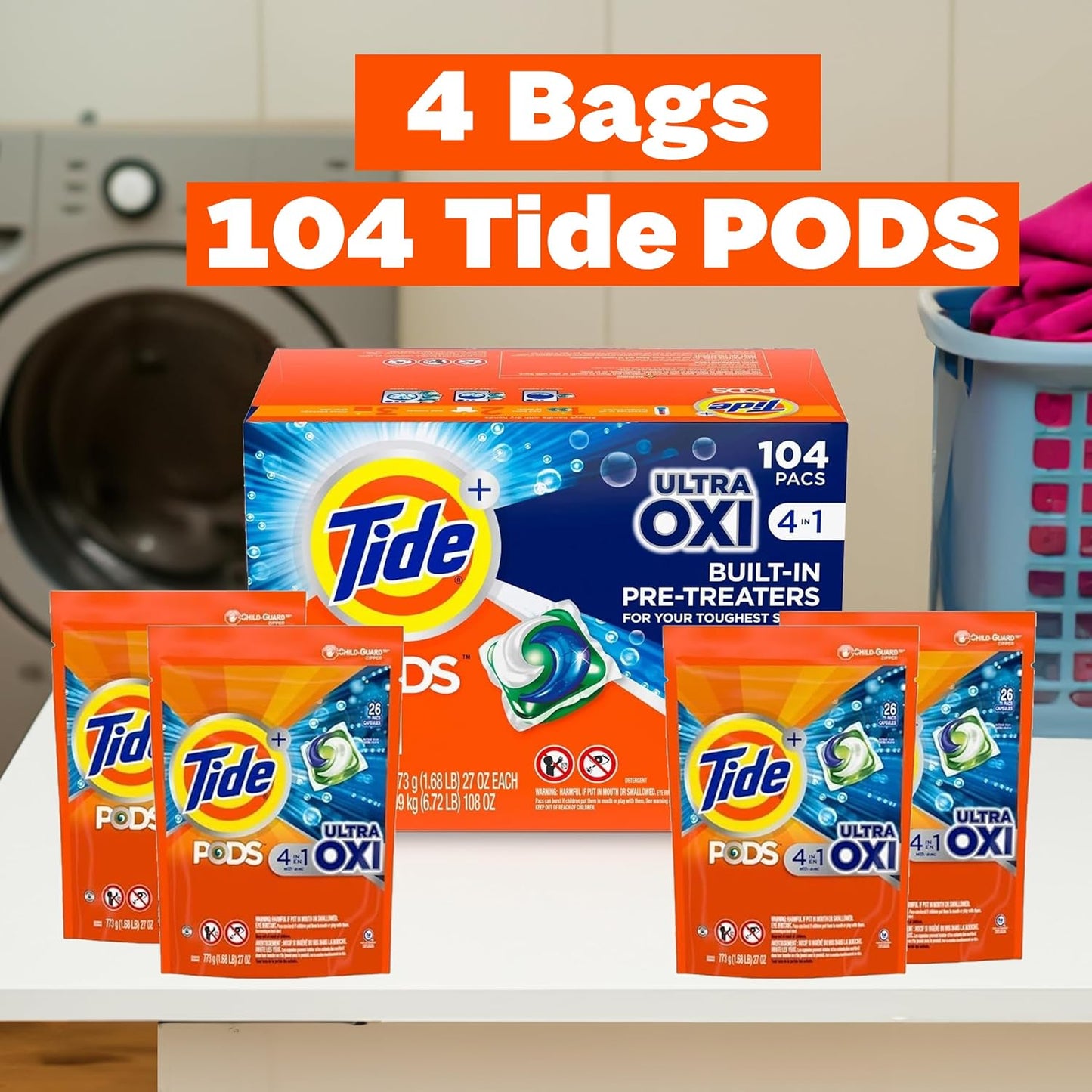 TIDE PODS Liquid Laundry Detergent Pacs, 4-in-1 Ultra Oxi, HE Compatible, Built-in Pre-Treater for Stains, 104 Count, 4 Bags