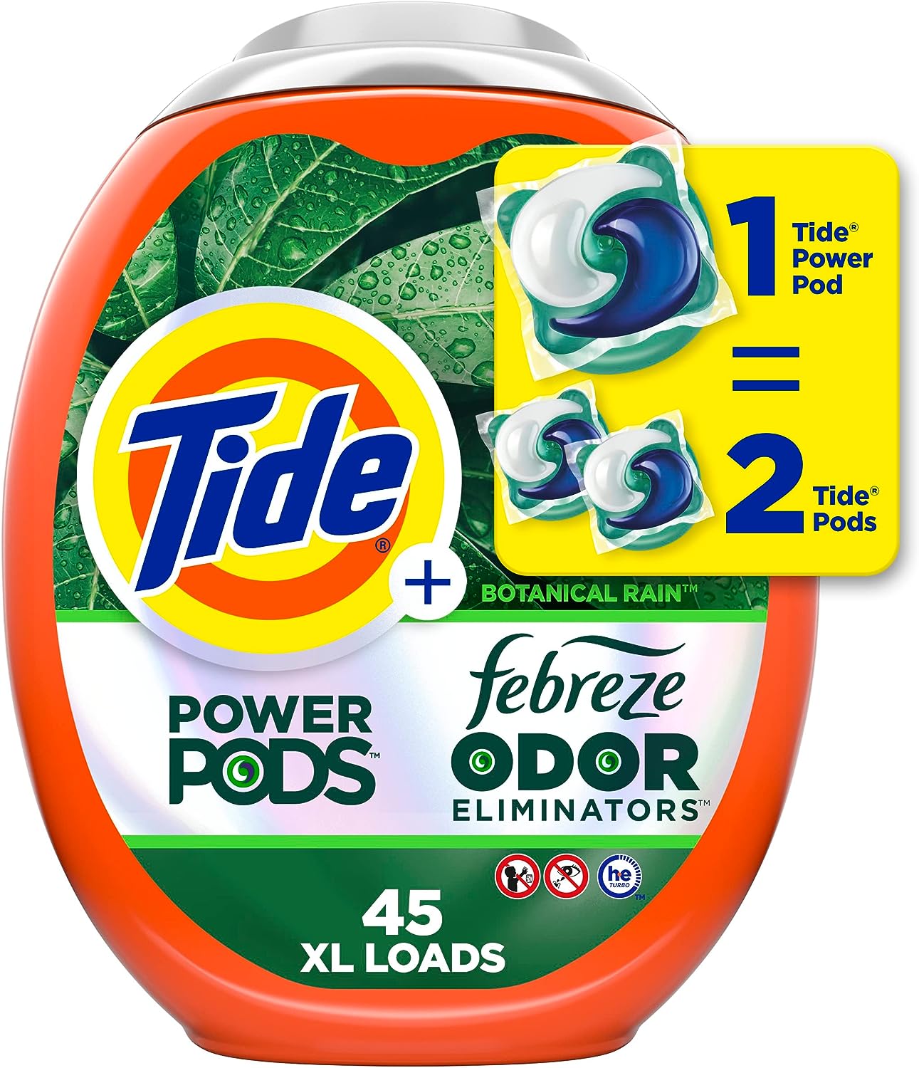 Tide Power Pods Laundry Detergent Pacs with Febreze Freshness with Odor Eliminators, Botanical Rain Scent, 45 Count