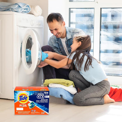 TIDE PODS Liquid Laundry Detergent Pacs, 4-in-1 Ultra Oxi, HE Compatible, Built-in Pre-Treater for Stains, 104 Count, 4 Bags