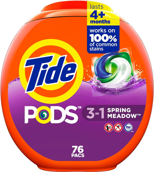 Tide PODS Liquid Laundry Detergent Soap Pacs, Powerful 3-in-1 Clean in One Step, He Compatible, Spring Meadow Scent, 76 Count